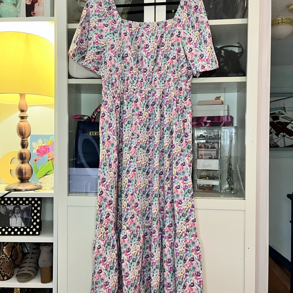 Pastel Floral Print Smocked Waist Long Tiered Dress - Picture 3 of 7
